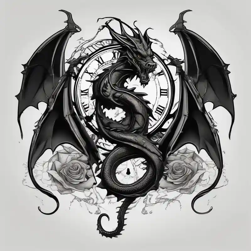 sketch style Ideas para Tatuajes de Relojes en 2025 & Generar gratis about Dark dragon tattoo with clock and dollars and palms on background hello kitty tattoo